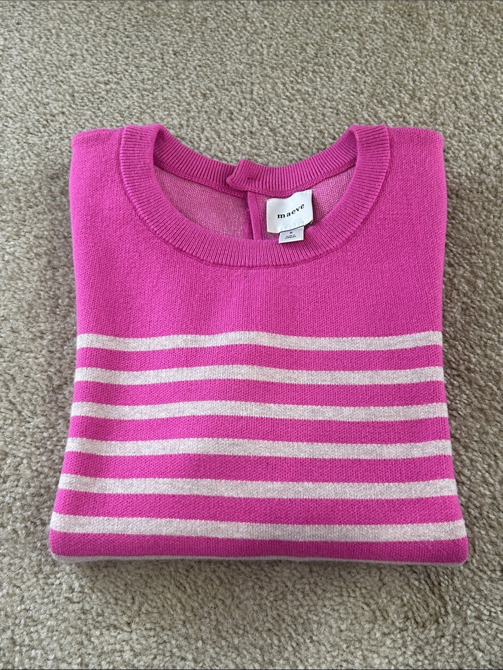 Maeve Pink Striped Crewneck Sweater. Puff sleeve detail. NWOT. Size S